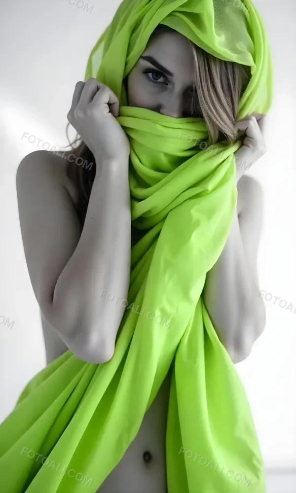 Caucasian Woman Age 25 With Brown Hair Partially Covered By A Vibrant Green Fabric In A Minimalist Gray And White Indoor Setting 7 E4e0