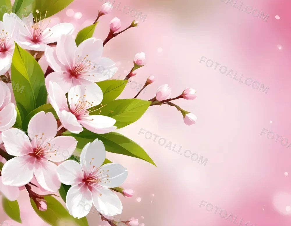 Cherry Blossom Flowers With White Petals And Pink Pistils Green Leaves Soft Pink Background With Bokeh Effect Romantic And Spring Themed Delicate And Detailed Illustration 13 372c