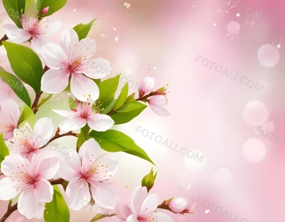 Cherry Blossom Flowers With White Petals And Pink Pistils Green Leaves Soft Pink Background With Bokeh Effect Romantic And Spring Themed Delicate And Detailed Illustration 16 66fb