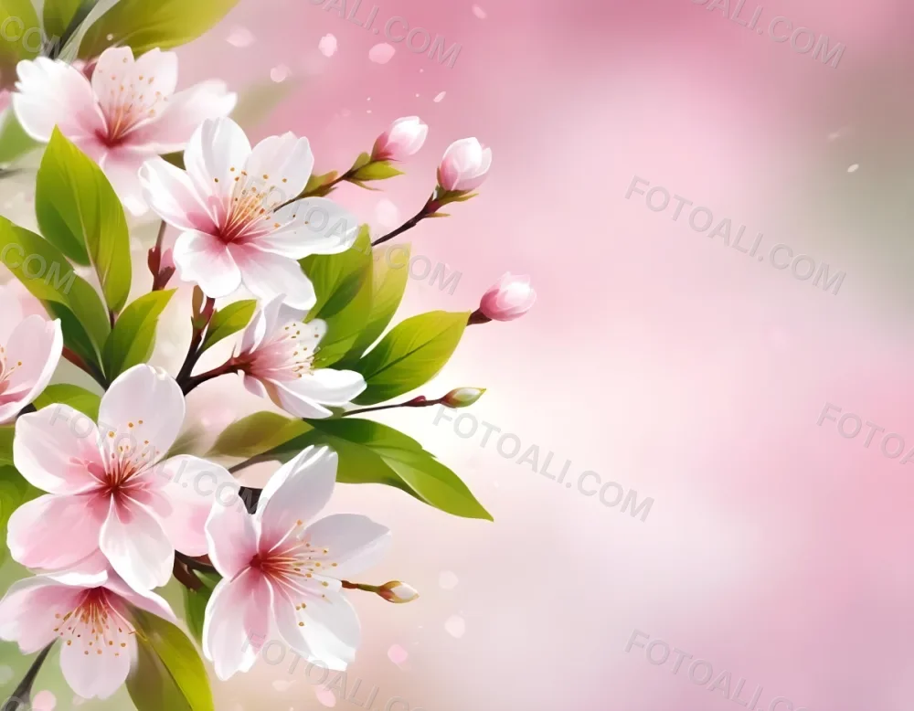 Cherry Blossom Flowers With White Petals And Pink Pistils Green Leaves Soft Pink Background With Bokeh Effect Romantic And Spring Themed Delicate And Detailed Illustration 32 D4d8