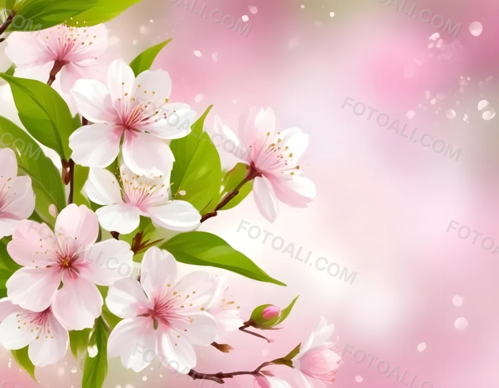 Cherry Blossom Flowers With White Petals And Pink Pistils Green Leaves Soft Pink Background With Bokeh Effect Romantic And Spring Themed Delicate And Detailed Illustration 34 600a