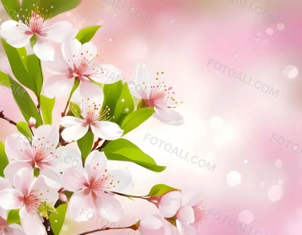 Cherry Blossom Flowers With White Petals And Pink Pistils Green Leaves Soft Pink Background With Bokeh Effect Romantic And Spring Themed Delicate And Detailed Illustration 35 8d20
