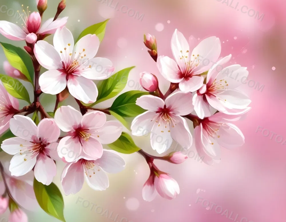 Cherry Blossom Flowers With White Petals And Pink Pistils Green Leaves Soft Pink Background With Bokeh Effect Romantic And Spring Themed Delicate And Detailed Illustration 36 2689
