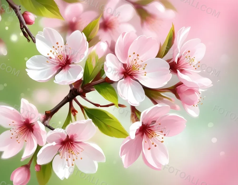 Cherry Blossom Flowers With White Petals And Pink Pistils Green Leaves Soft Pink Background With Bokeh Effect Romantic And Spring Themed Delicate And Detailed Illustration 6 29cb