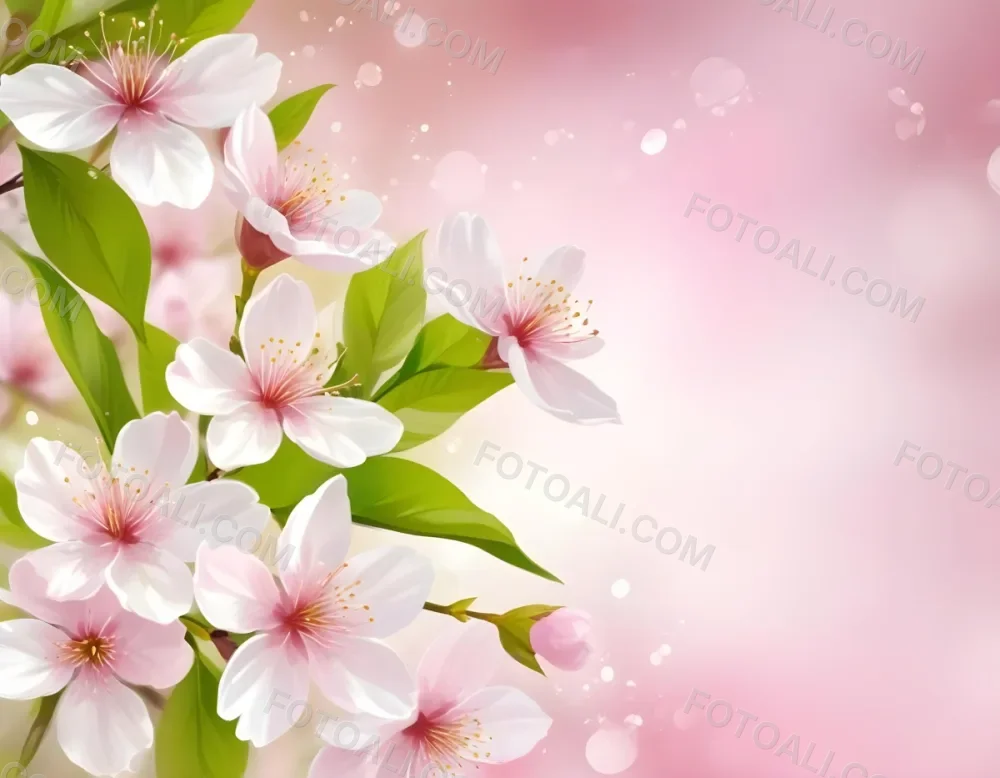 Cherry Blossom Flowers With White Petals And Pink Pistils Green Leaves Soft Pink Background With Bokeh Effect Romantic And Spring Themed Delicate And Detailed Illustration 7 Ff47