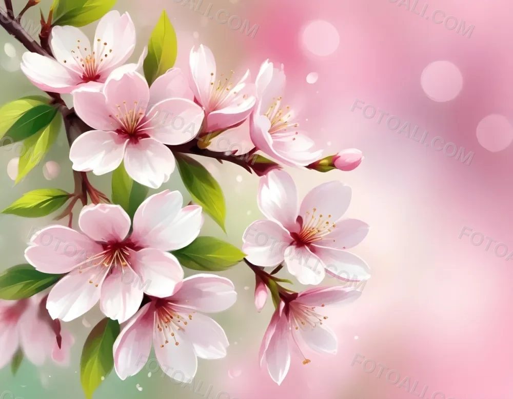 Cherry Blossom Flowers With White Petals And Pink Pistils Green Leaves Soft Pink Background With Bokeh Effect Romantic And Spring Themed Delicate And Detailed Illustration 8 9151