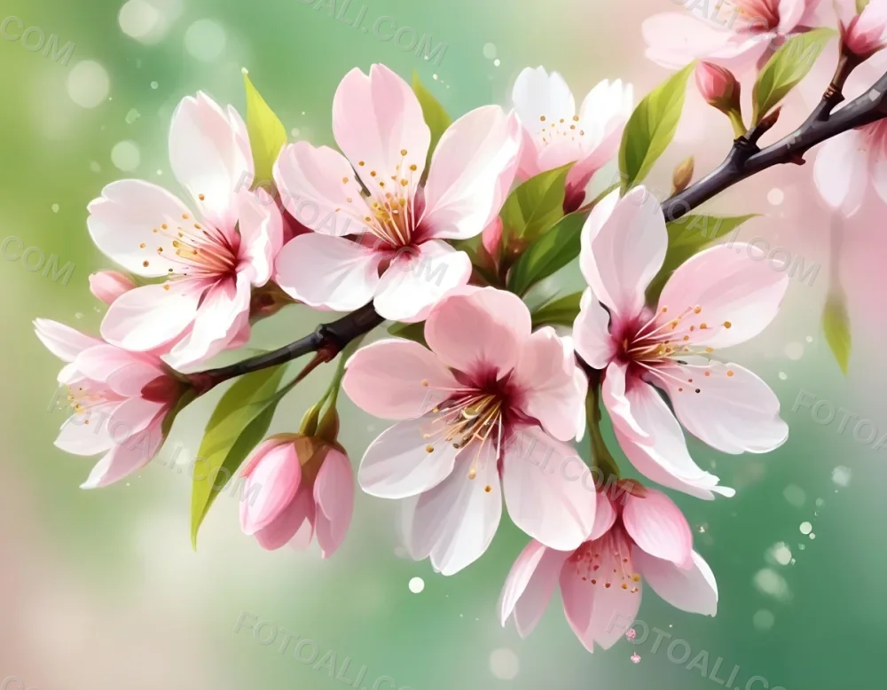 Cherry Blossom Flowers With White Petals And Pink Pistils Green Leaves Soft Pink Background With Bokeh Effect Romantic And Spring Themed Delicate And Detailed Illustration 9 Da25