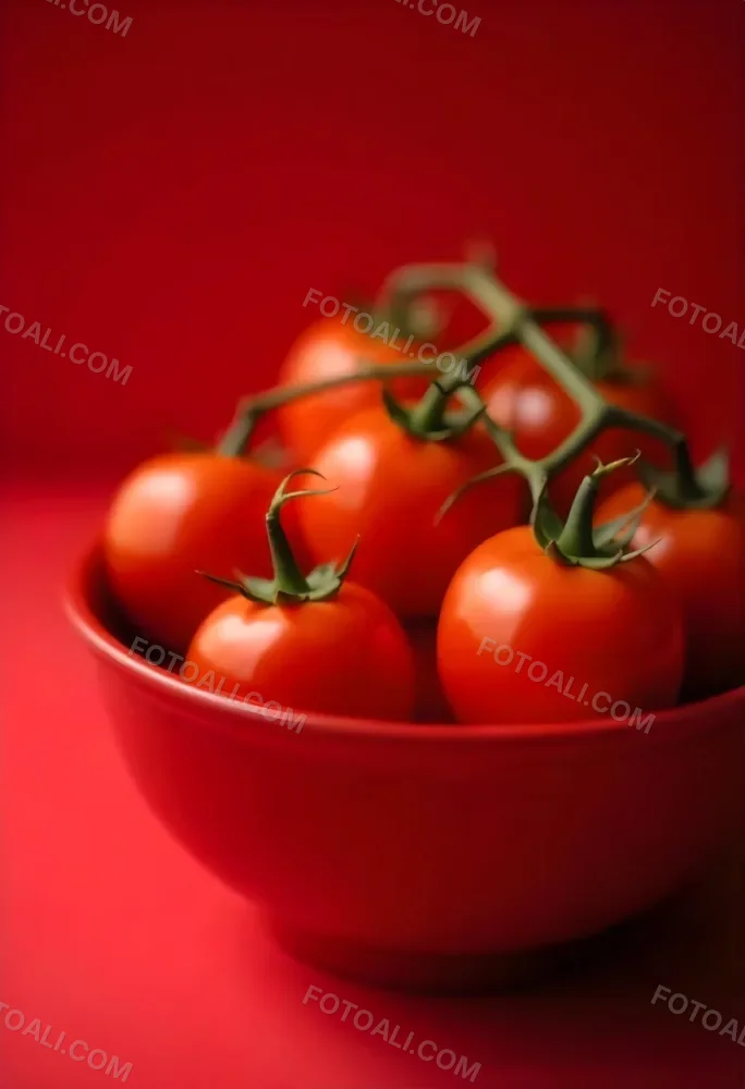 Cherry Tomatoes In A Red Bowl The Tomatoes Are Red And Ripe The Background Is Red And Out Of Focus 5 24ab
