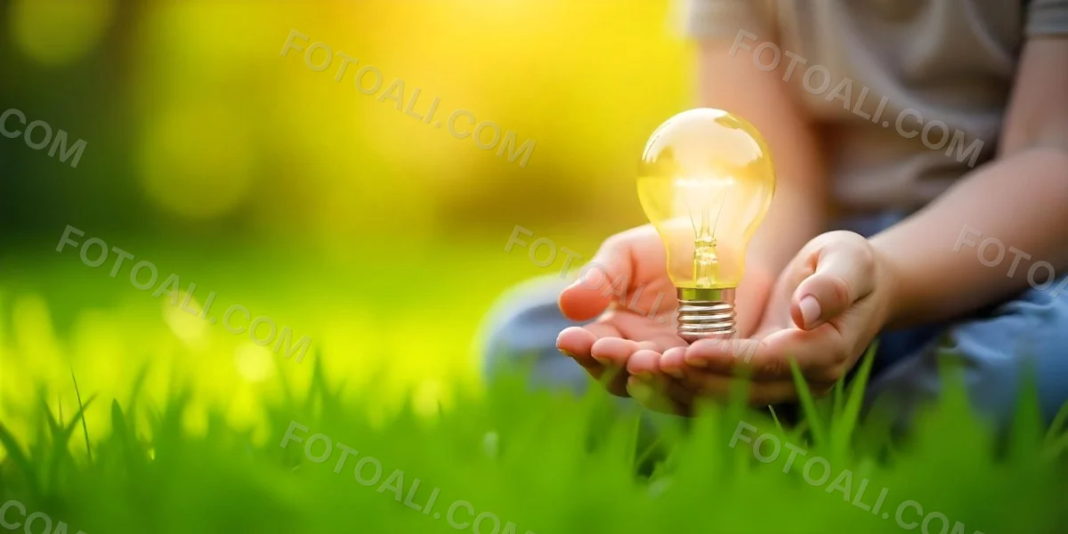 Child S Hands Holding A Light Bulb Lush Green Grass With Bokeh Effect Bright Sunlight Concept Of Environmental Conservation And Sustainable Energy 11 16e9