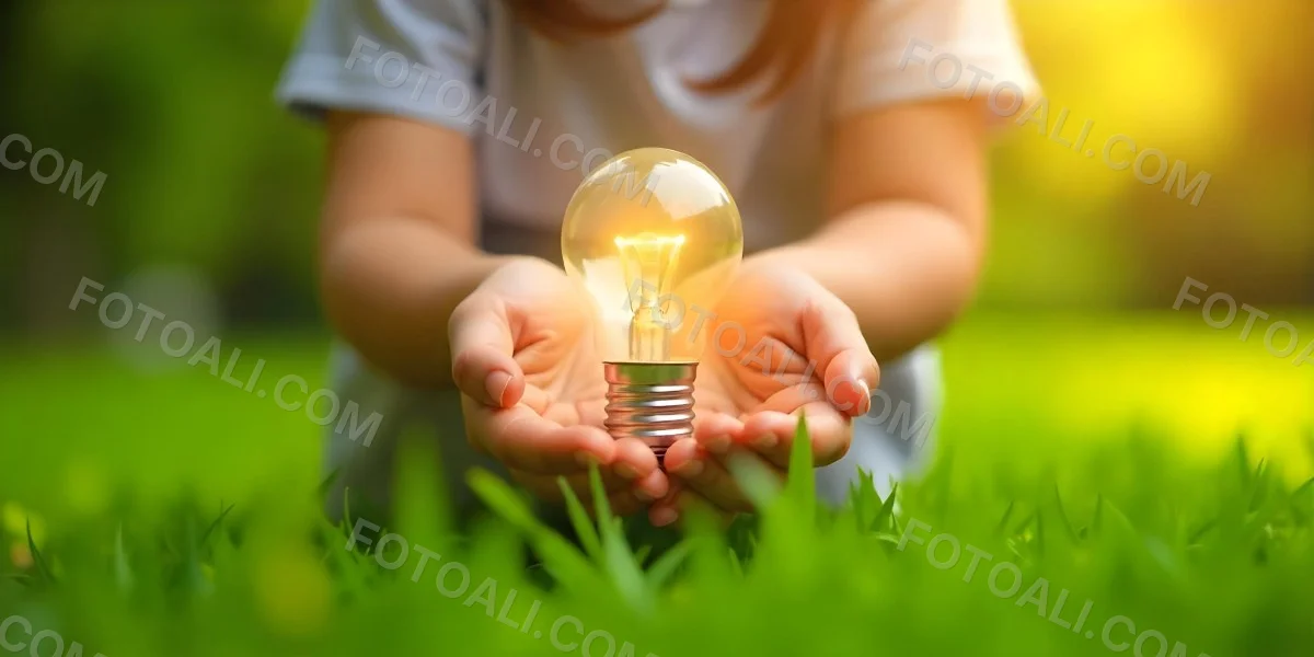 Child S Hands Holding A Light Bulb Lush Green Grass With Bokeh Effect Bright Sunlight Concept Of Environmental Conservation And Sustainable Energy 21 E849
