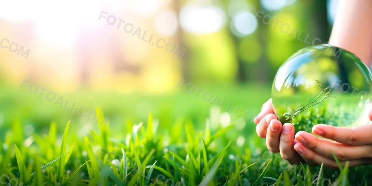 Child S Hands Holding A Light Bulb Lush Green Grass With Bokeh Effect Bright Sunlight Concept Of Environmental Conservation And Sustainable Energy 22 F770