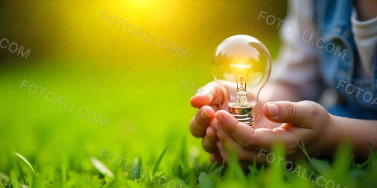 Child S Hands Holding A Light Bulb Lush Green Grass With Bokeh Effect Bright Sunlight Concept Of Environmental Conservation And Sustainable Energy 26 B618