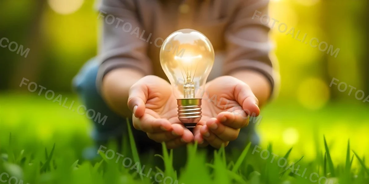 Child S Hands Holding A Light Bulb Lush Green Grass With Bokeh Effect Bright Sunlight Concept Of Environmental Conservation And Sustainable Energy 28 B90b