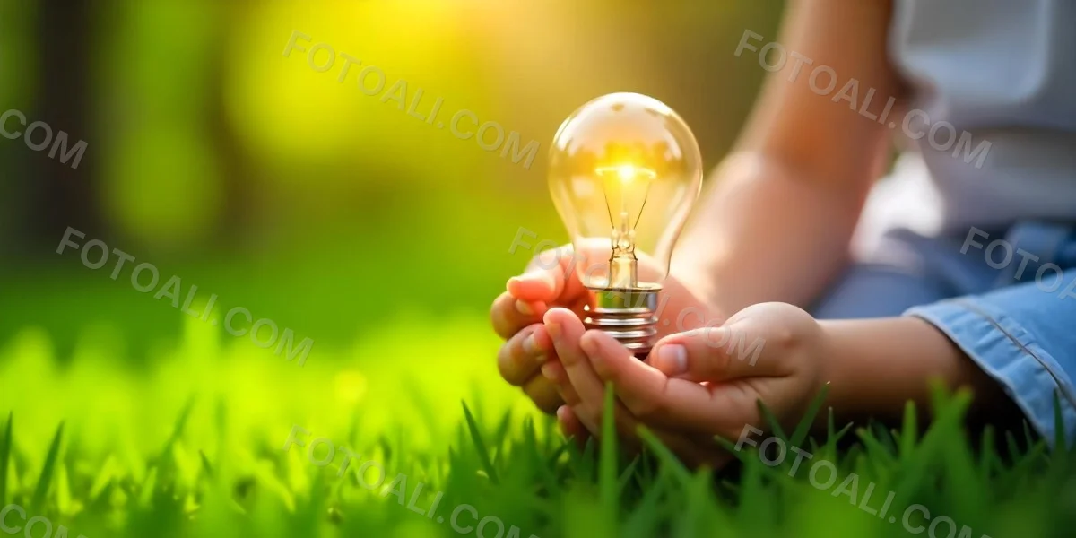 Child S Hands Holding A Light Bulb Lush Green Grass With Bokeh Effect Bright Sunlight Concept Of Environmental Conservation And Sustainable Energy 29 607e