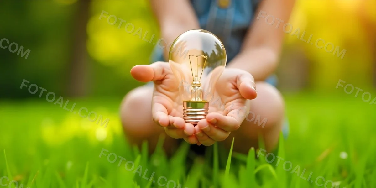 Child S Hands Holding A Light Bulb Lush Green Grass With Bokeh Effect Bright Sunlight Concept Of Environmental Conservation And Sustainable Energy 30 F4ce