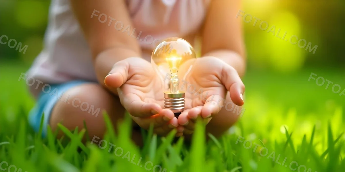 Child S Hands Holding A Light Bulb Lush Green Grass With Bokeh Effect Bright Sunlight Concept Of Environmental Conservation And Sustainable Energy 4 35ac