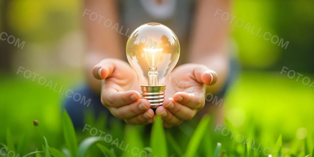 Child S Hands Holding A Light Bulb Lush Green Grass With Bokeh Effect Bright Sunlight Concept Of Environmental Conservation And Sustainable Energy 5 983d