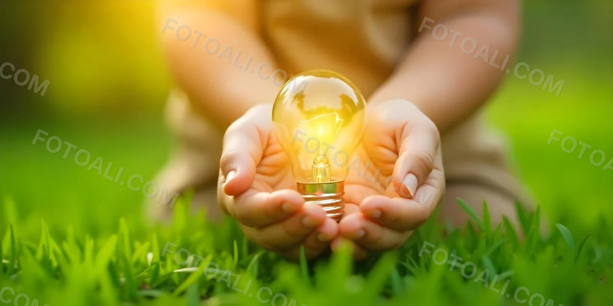 Child S Hands Holding A Light Bulb Lush Green Grass With Bokeh Effect Bright Sunlight Concept Of Environmental Conservation And Sustainable Energy 9 7884