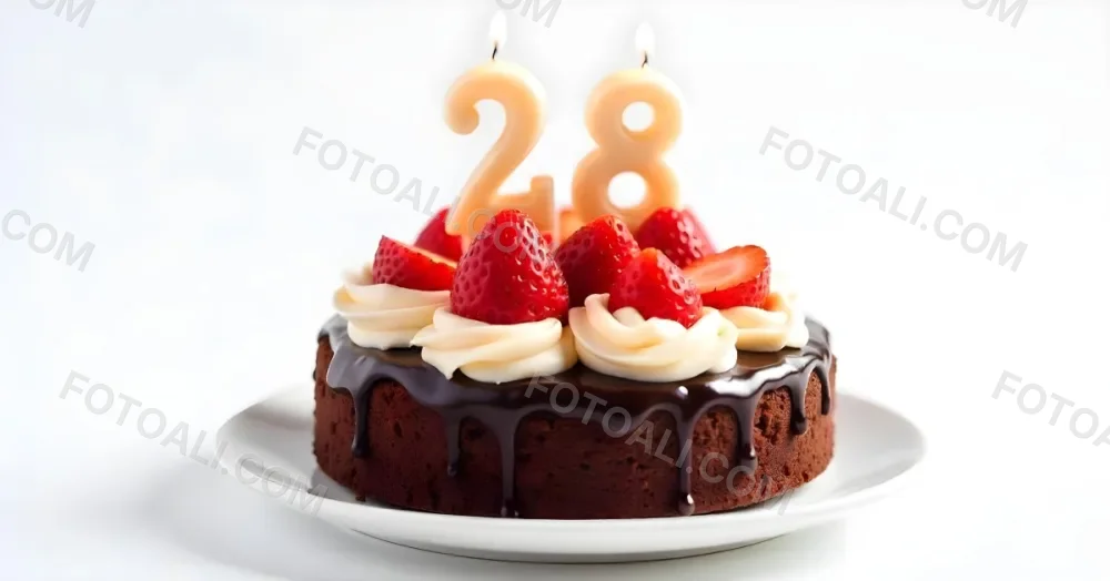 Chocolate Cake With Strawberries And Cream Two Candles With The Number 28 On Top Of A White Plate In A White Background 19 3e5c