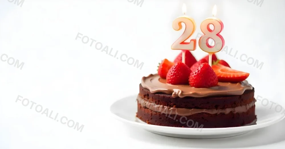 Chocolate Cake With Strawberries And Cream Two Candles With The Number 28 On Top Of A White Plate In A White Background 26 5d30