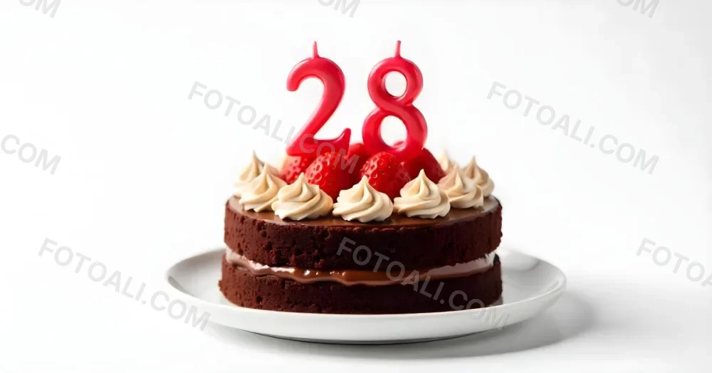 Chocolate Cake With Strawberries And Cream Two Candles With The Number 28 On Top Of A White Plate In A White Background 27 68ee