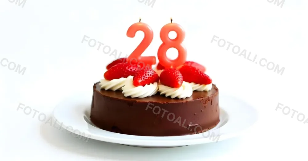 Chocolate Cake With Strawberries And Cream Two Candles With The Number 28 On Top Of A White Plate In A White Background 29 E9d5