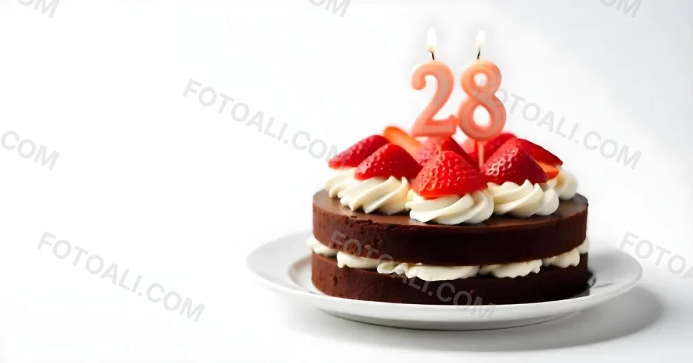 Chocolate Cake With Strawberries And Cream Two Candles With The Number 28 On Top Of A White Plate In A White Background 32 A99b