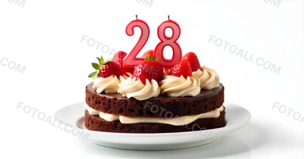 Chocolate Cake With Strawberries And Cream Two Candles With The Number 28 On Top Of A White Plate In A White Background 34 8218
