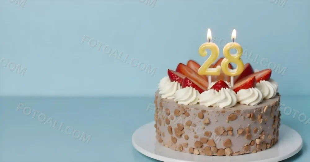 Chocolate Cake With Strawberries And Cream Two Candles With The Number 28 On Top Of A White Plate In A White Background 4 D926