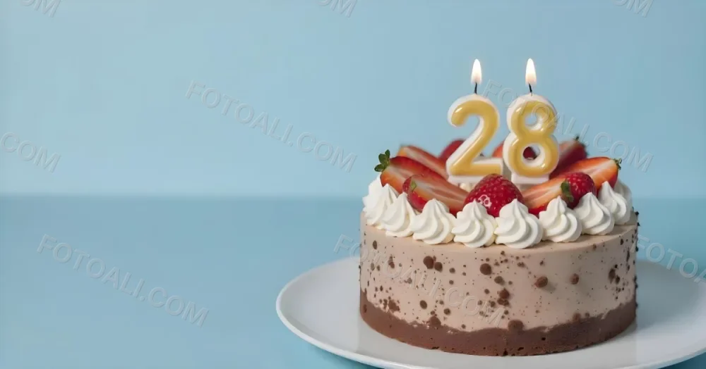 Chocolate Cake With Strawberries And Cream Two Candles With The Number 28 On Top Of A White Plate In A White Background 6 D57f