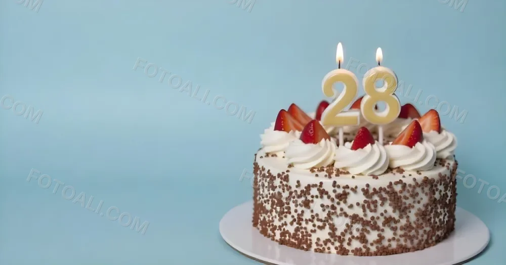 Chocolate Cake With Strawberries And Cream Two Candles With The Number 28 On Top Of A White Plate In A White Background 7 Cc30