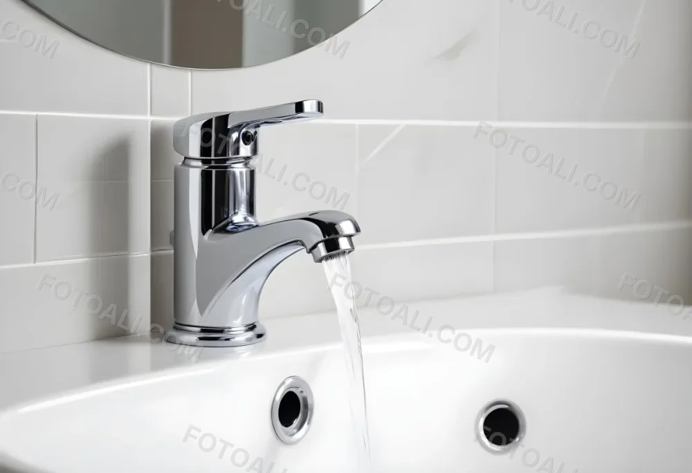 Chrome Faucet With Running Water Over A White Sink In A Bathroom With White Tiles 12 9625