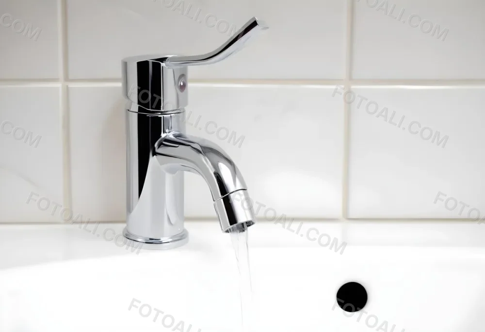Chrome Faucet With Running Water Over A White Sink In A Bathroom With White Tiles 16 43eb