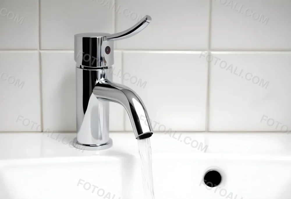 Chrome Faucet With Running Water Over A White Sink In A Bathroom With White Tiles 20 5ac2
