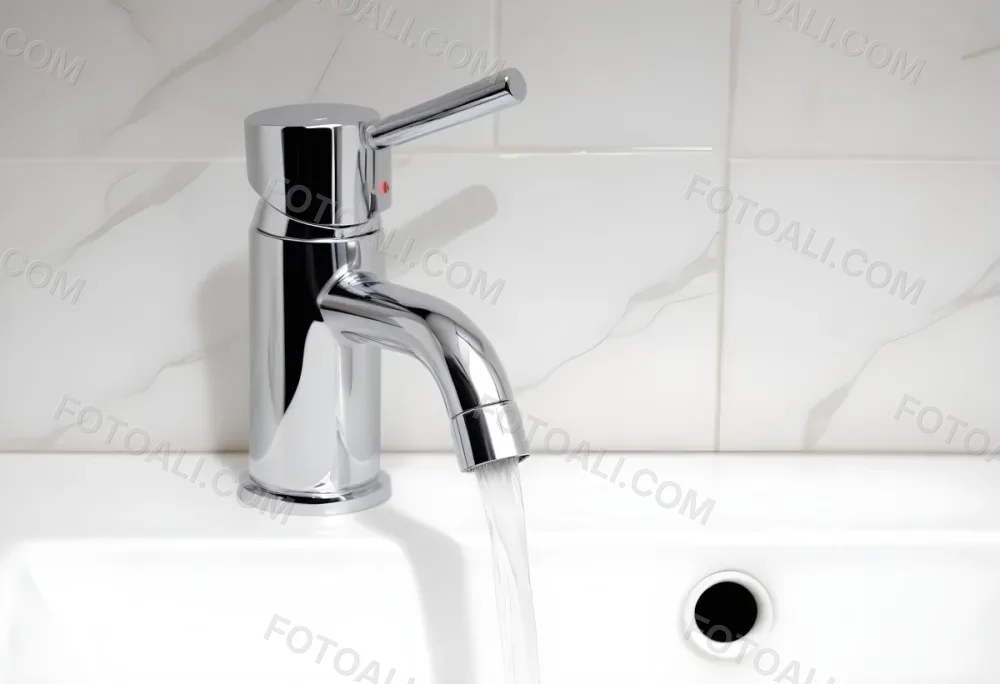 Chrome Faucet With Running Water Over A White Sink In A Bathroom With White Tiles 23 63da