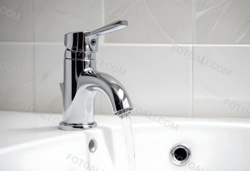Chrome Faucet With Running Water Over A White Sink In A Bathroom With White Tiles 34 Bf0d