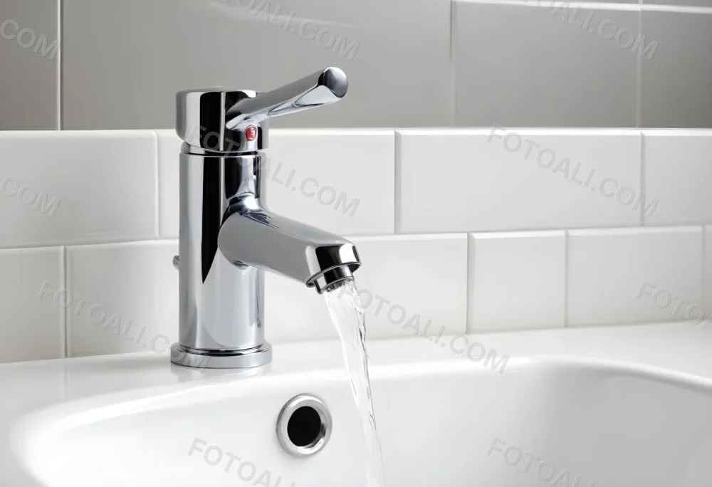 Chrome Faucet With Running Water Over A White Sink In A Bathroom With White Tiles 38 5f20