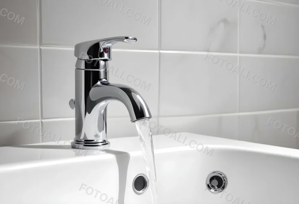 Chrome Faucet With Running Water Over A White Sink In A Bathroom With White Tiles 40 0c3d