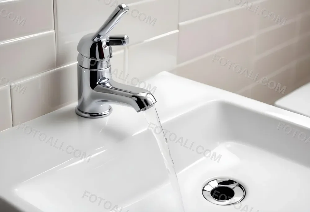 Chrome Faucet With Running Water Over A White Sink In A Bathroom With White Tiles 41 70bd