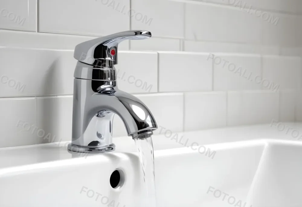 Chrome Faucet With Running Water Over A White Sink In A Bathroom With White Tiles 8 C1e5