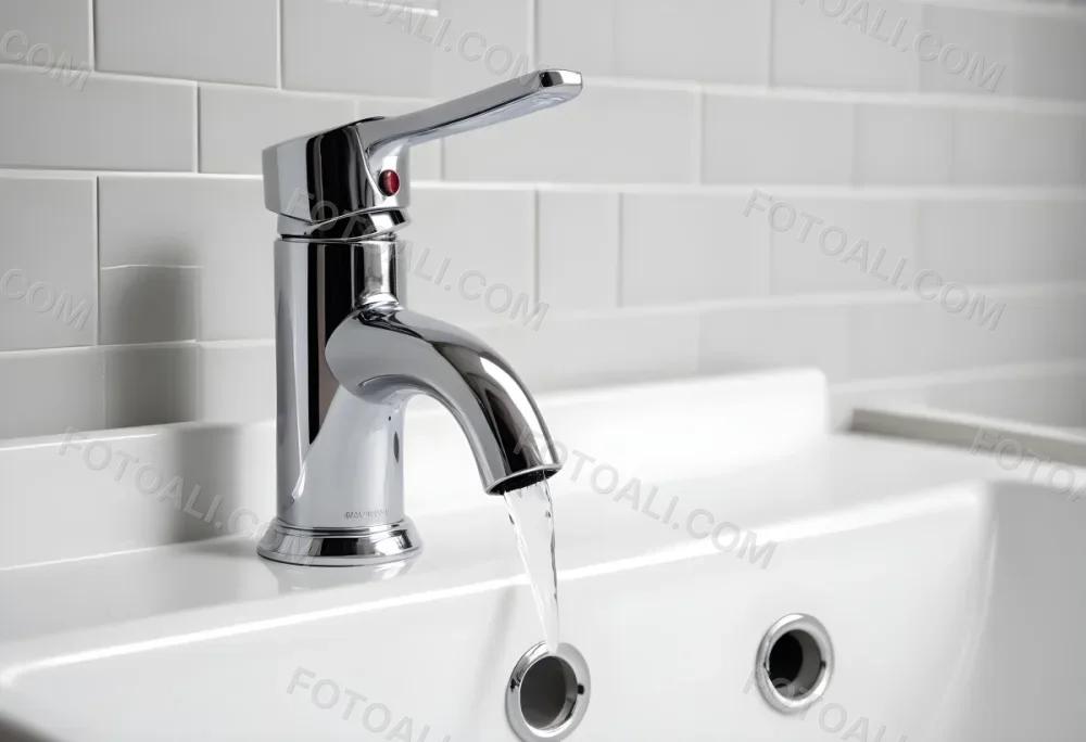 Chrome Faucet With Running Water Over A White Sink In A Bathroom With White Tiles 9 6096
