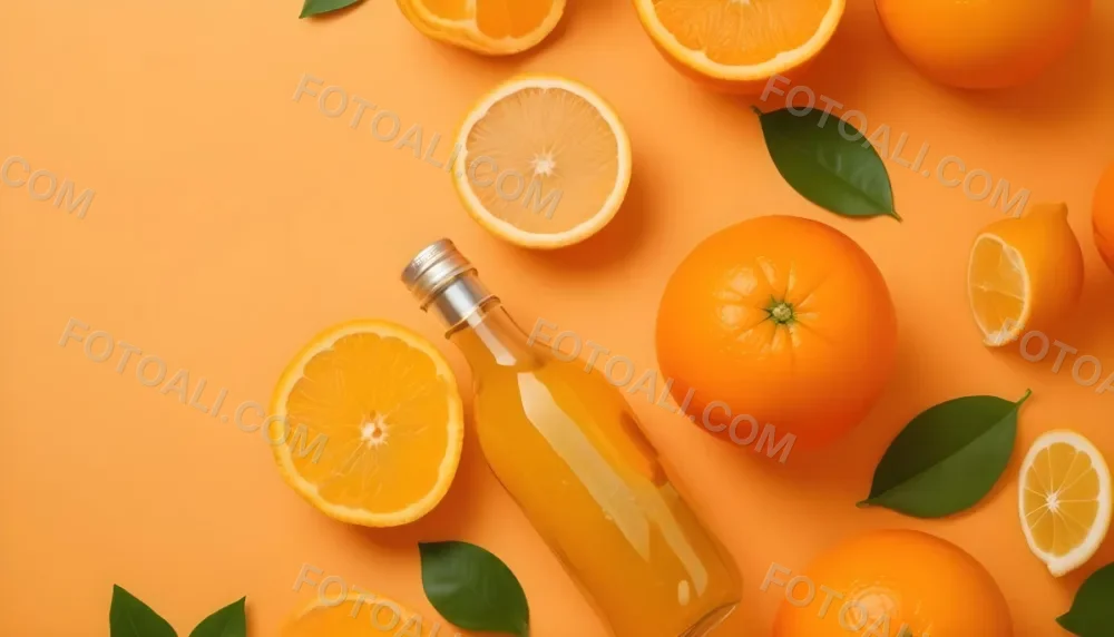 Citrus Fruits Including Oranges Lemons And A Glass Bottle With A Liquid Surrounded By Green Leaves 10 Bc5f