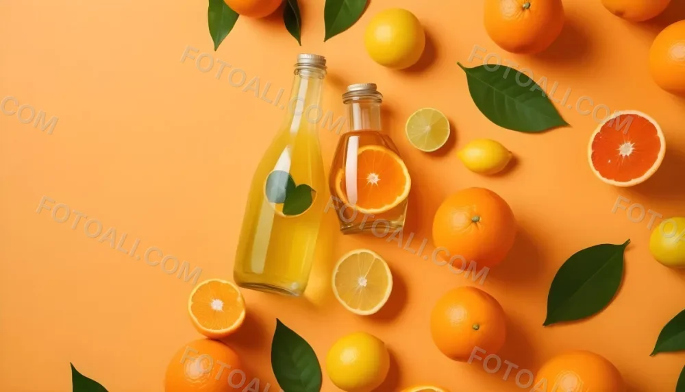 Citrus Fruits Including Oranges Lemons And A Glass Bottle With A Liquid Surrounded By Green Leaves 11 7acb