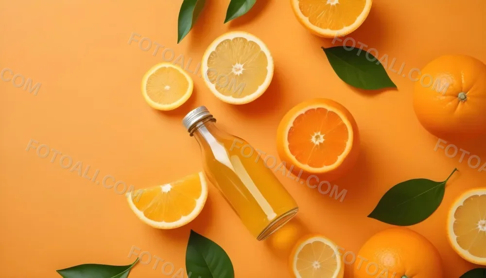 Citrus Fruits Including Oranges Lemons And A Glass Bottle With A Liquid Surrounded By Green Leaves 12 44f9