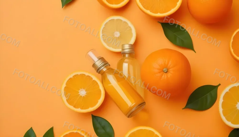 Citrus Fruits Including Oranges Lemons And A Glass Bottle With A Liquid Surrounded By Green Leaves 13 349e