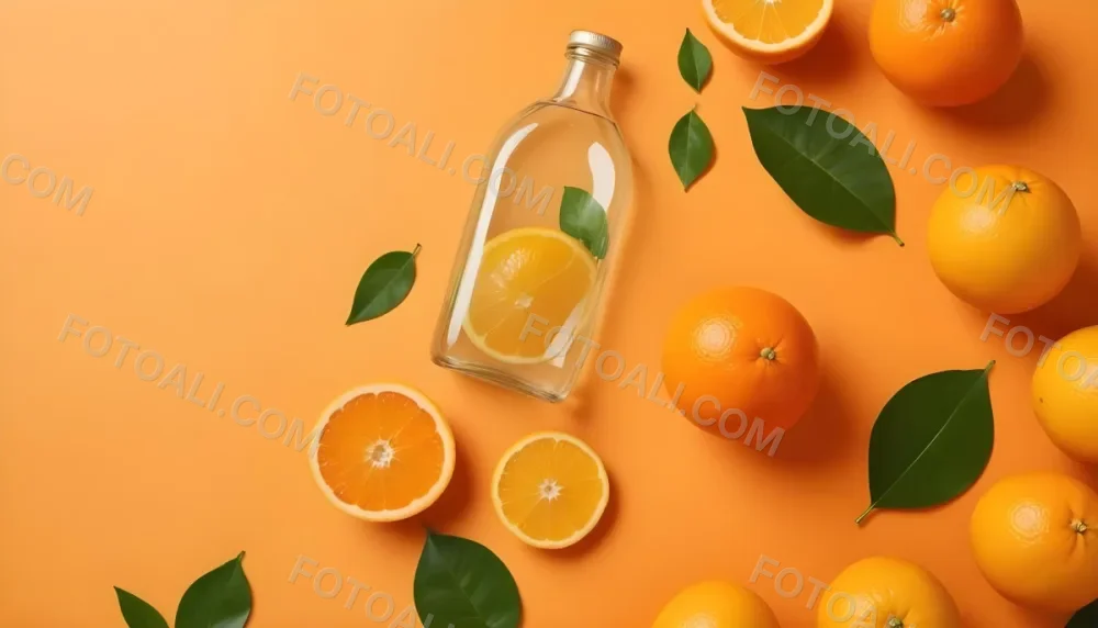Citrus Fruits Including Oranges Lemons And A Glass Bottle With A Liquid Surrounded By Green Leaves 15 0a4a