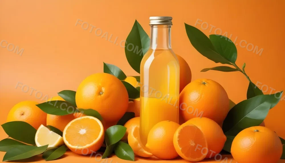 Citrus Fruits Including Oranges Lemons And A Glass Bottle With A Liquid Surrounded By Green Leaves 2 8ed5