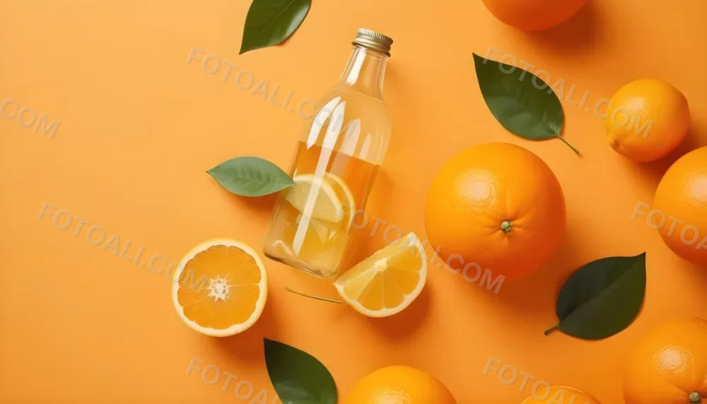 Citrus Fruits Including Oranges Lemons And A Glass Bottle With A Liquid Surrounded By Green Leaves 3 Aa70