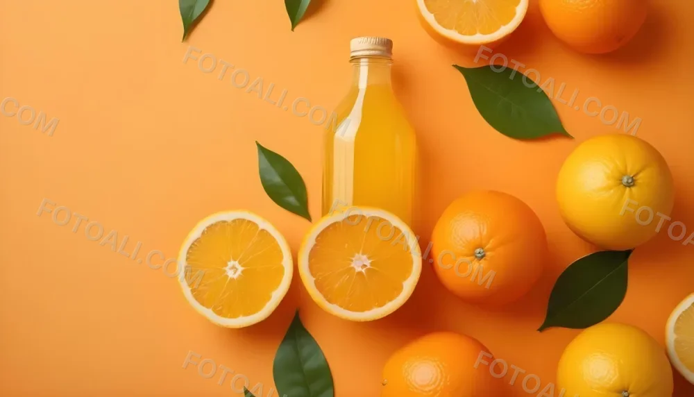 Citrus Fruits Including Oranges Lemons And A Glass Bottle With A Liquid Surrounded By Green Leaves 4 9919
