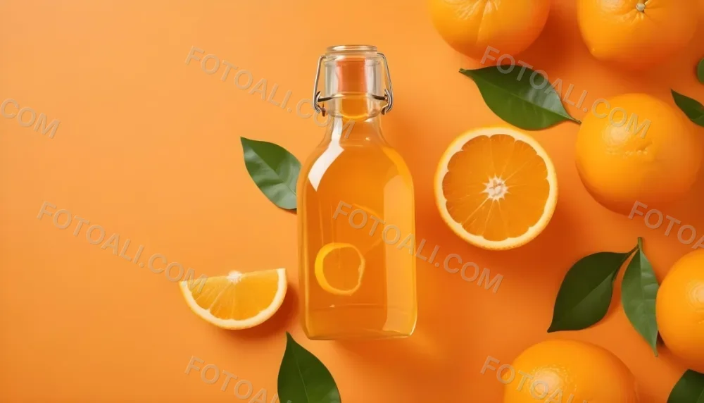 Citrus Fruits Including Oranges Lemons And A Glass Bottle With A Liquid Surrounded By Green Leaves 6 82be